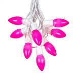 C9 25 Light String Set with Ceramic Pink Bulbs on White Wire
