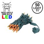 50 LED Orange (amber) LED Christmas Lights 11' Long on Green Wire