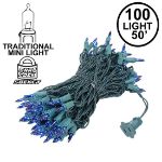 Blue Christmas Mini Lights 100 Light 50 Feet Long on Green Wire