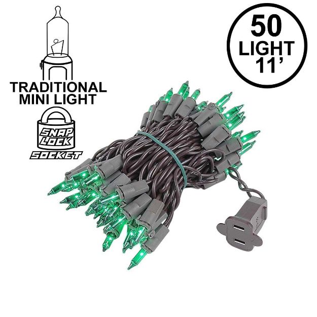 Green Christmas Mini Lights 50 Light on Brown Wire 11 Feet Long