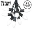 C9 25 Light String Set with Ceramic White Bulbs on Black Wire