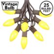 C9 25 Light String Set with Ceramic Yellow Bulbs on Brown Wire