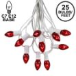 C7 25 Light String Set with Red Transparent Bulbs on White Wire