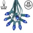 25 Light String Set with Blue Transparent C7 Bulbs on Green Wire