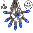 25 Light String Set with Blue Transparent C7 Bulbs on Brown Wire