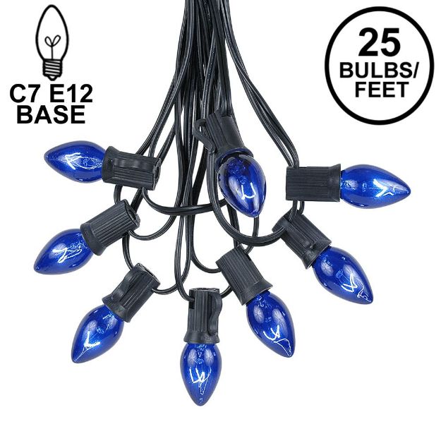 25 Light String Set with Blue Transparent C7 Bulbs on Black Wire