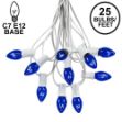 25 Light String Set with Blue Transparent C7 Bulbs on White Wire