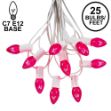 25 Light String Set with Pink Transparent C7 Bulbs on White Wire