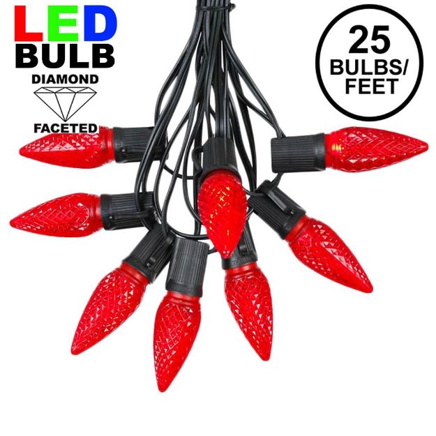 25 Light String Set with Red LED C9 Bulbs on Black Wire
