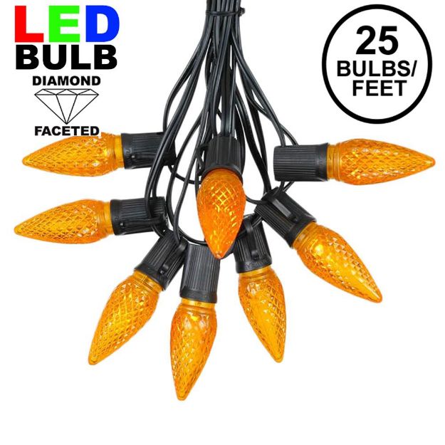 25 Light String Set with Amber (Orange) LED C9 Bulbs on Black Wire