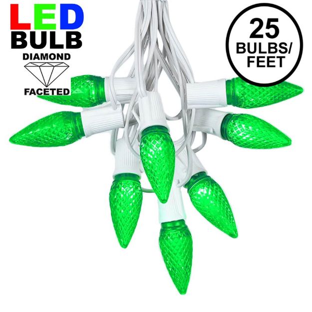 25 Light String Set with Green LED C9 Bulbs on White Wire