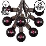 25 G50 Globe Light String Set with Black Light Bulbs (Very Dark Purple) on Brown Wire