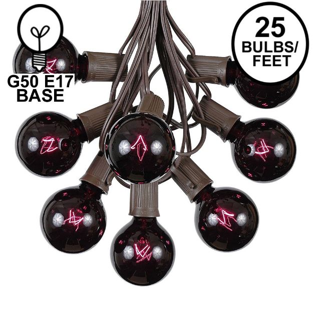 25 G50 Globe Light String Set with Black Light Bulbs (Very Dark Purple) on Brown Wire