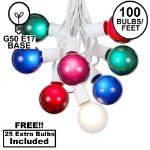 100 G50 Globe Light String Set with Multi Satin Bulbs on White Wire