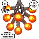 100 G50 Globe Light String Set with Orange Bulbs on Brown Wire