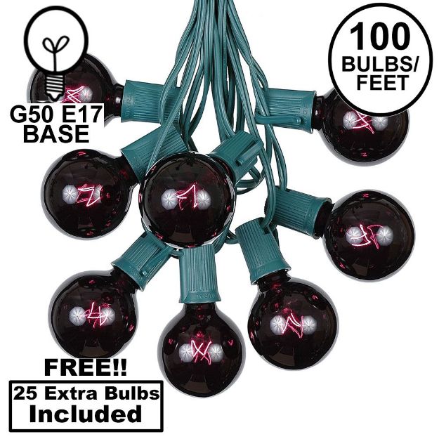 100 G50 Globe Light String Set with Black Light Bulbs (Very Dark Purple) on Green Wire