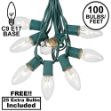 100 C9 Christmas Light Set - Clear Bulbs - Green Wire