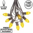 100 C7 String Light Set with Yellow Bulbs on Brown Wire