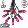 100 C7 String Light Set with Pink Bulbs on Black Wire