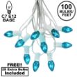 100 C7 String Light Set with Teal Bulbs on White Wire