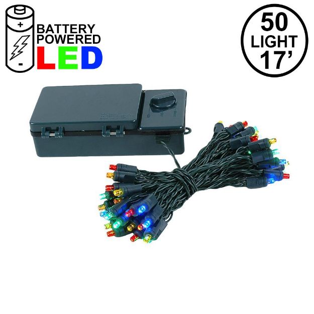 50 LED Battery Operated Lights Multi Green Wire