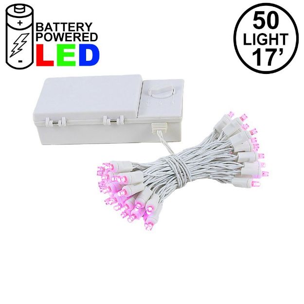 50 LED Battery Operated Lights Pink on White Wire