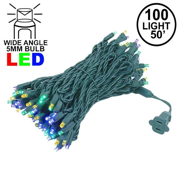 Commercial Grade Wide Angle 100 LED Yellow Purple Green 50' Long on Green Wire