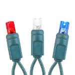 Commercial Grade Wide Angle 100 LED Red White Blue 50' Long on Green Wire