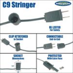 25 Light String Set with Amber (Orange) LED C9 Bulbs on Green Wire