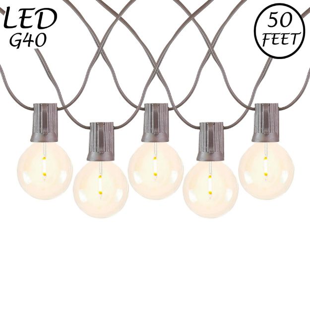 50 LED Filament G40 Globe String Light Set with Warm White Bulbs on Brown Wire