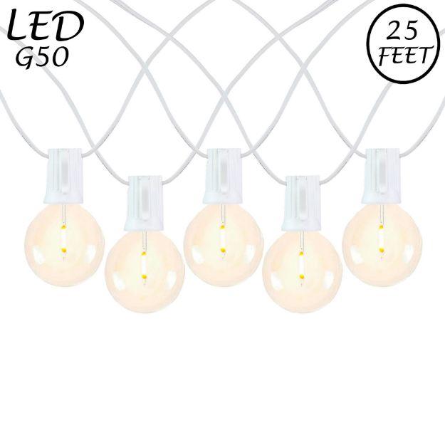 25 LED Filament G50 Globe String Light Set with Warm White Bulbs on White Wire