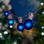 25 G40 Globe String Light Set with Blue Satin Bulbs on Brown Wire