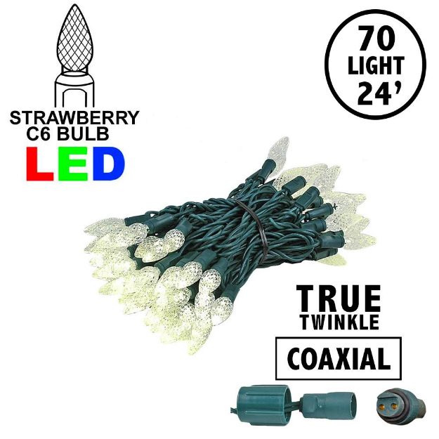 Coaxial *NEW* TrueTwinkle® Warm White 70 LED C6 Strawberry Mini Lights Commercial Grade on Green Wire