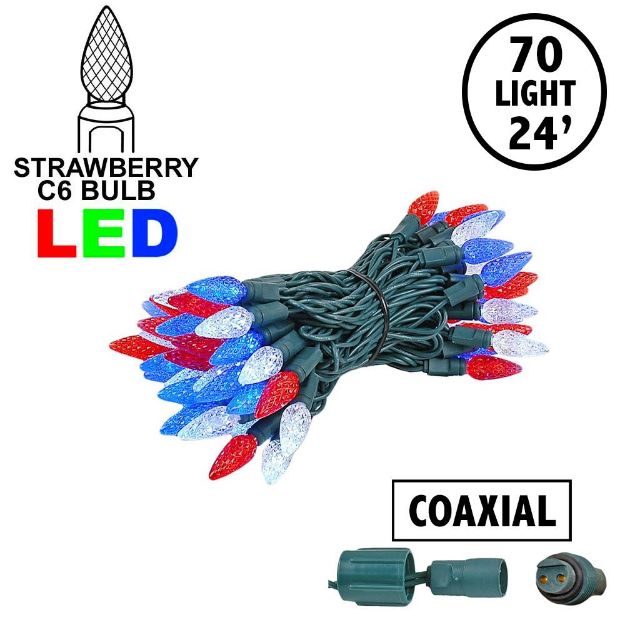 Coaxial Red/White/Blue 70 LED C6 Strawberry Mini Lights Commercial Grade on Green Wire