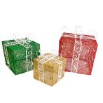9 in., 12 in. & 15 in. Red/Green/Gold Gift Boxes with 100 Steady & Twinkle LED Lights (Set of 3)