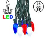 25 Red, White & Blue Ceramic LED C9 Pre-Lamped String Lights Green Wire