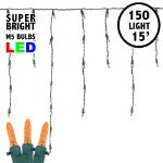 Orange (amber) LED Icicle Lights on Green Wire 150 Bulbs