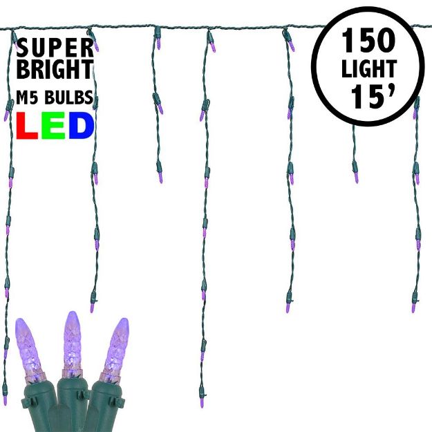 Purple LED Icicle Lights on Green Wire 150 Bulbs