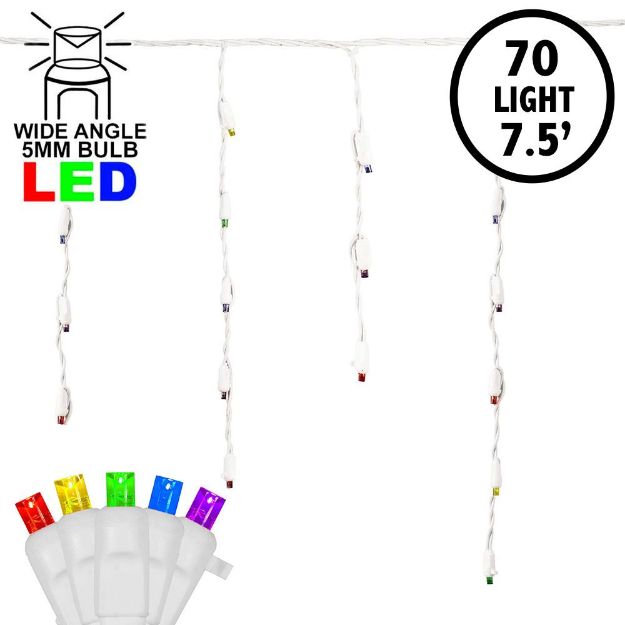 Rainbow LED Icicle Lights on White Wire 70 Bulbs
