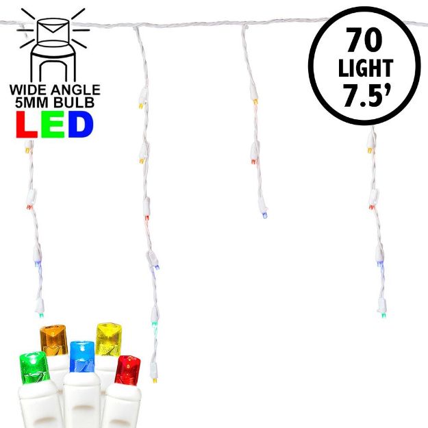 Multi LED Icicle Lights on White Wire 70 Bulbs