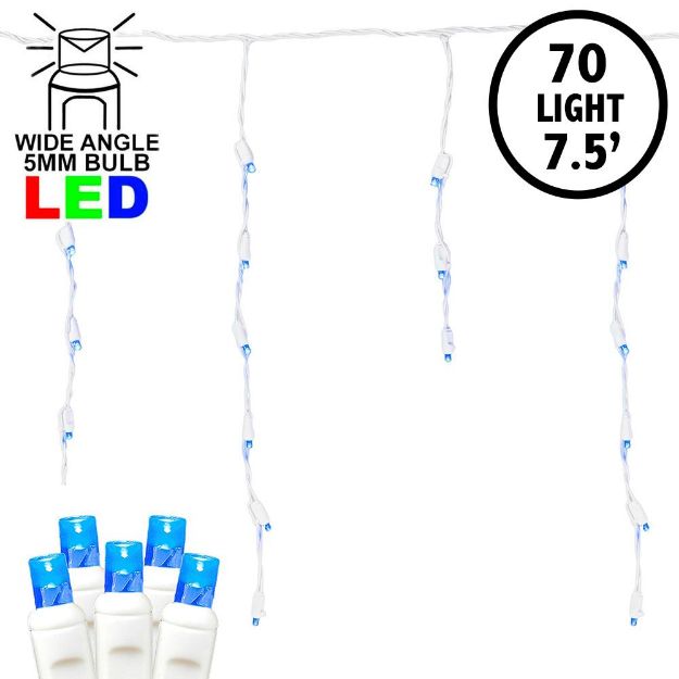 Blue LED Icicle Lights on White Wire 70 Bulbs