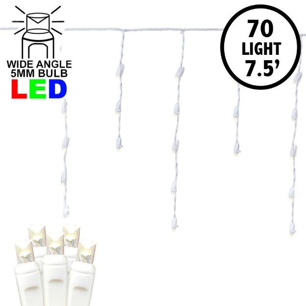 Warm White LED Icicle Lights on White Wire 70 Bulbs