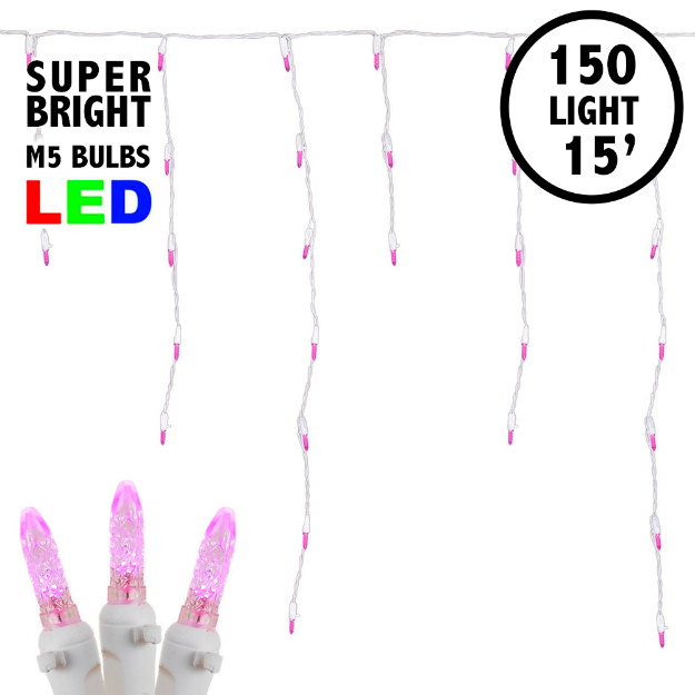 Pink LED Icicle Lights on White Wire 150 Bulbs