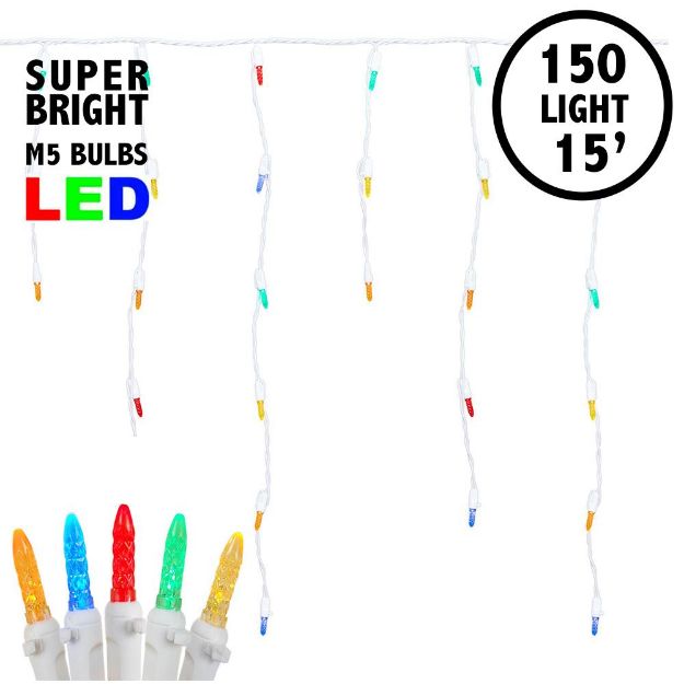 Multi (assorted) LED Icicle Lights on White Wire 150 Bulbs