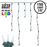 Pure White LED Icicle Lights on Green Wire 150 Bulbs
