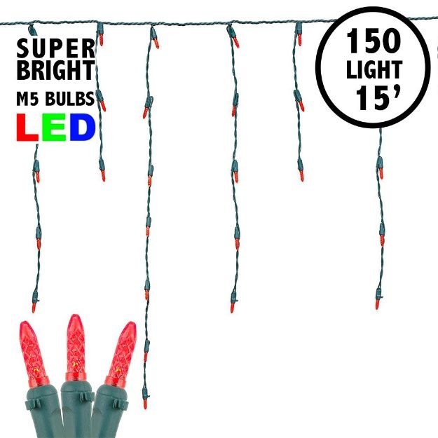 Red LED Icicle Lights on Green Wire 150 Bulbs