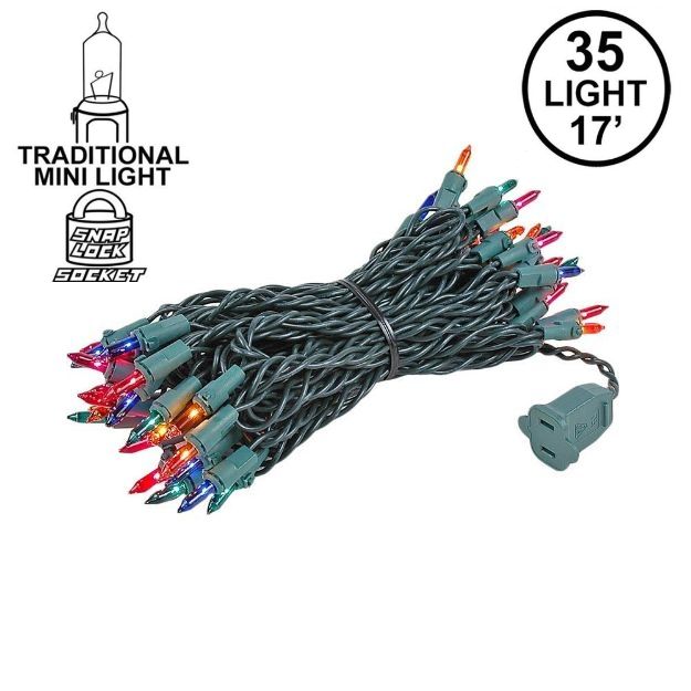 35 Light 17' Long Green Wire Multi Color Christmas Mini Lights