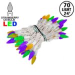 Purple Green and Yellow 70 LED C6 Strawberry Mini Lights Commercial Grade on White Wire