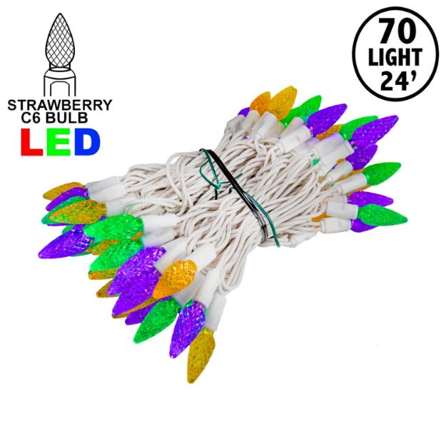 Purple Green and Yellow 70 LED C6 Strawberry Mini Lights Commercial Grade on White Wire
