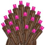 50 LED Pink LED Christmas Lights 11' Long on Brown Wire